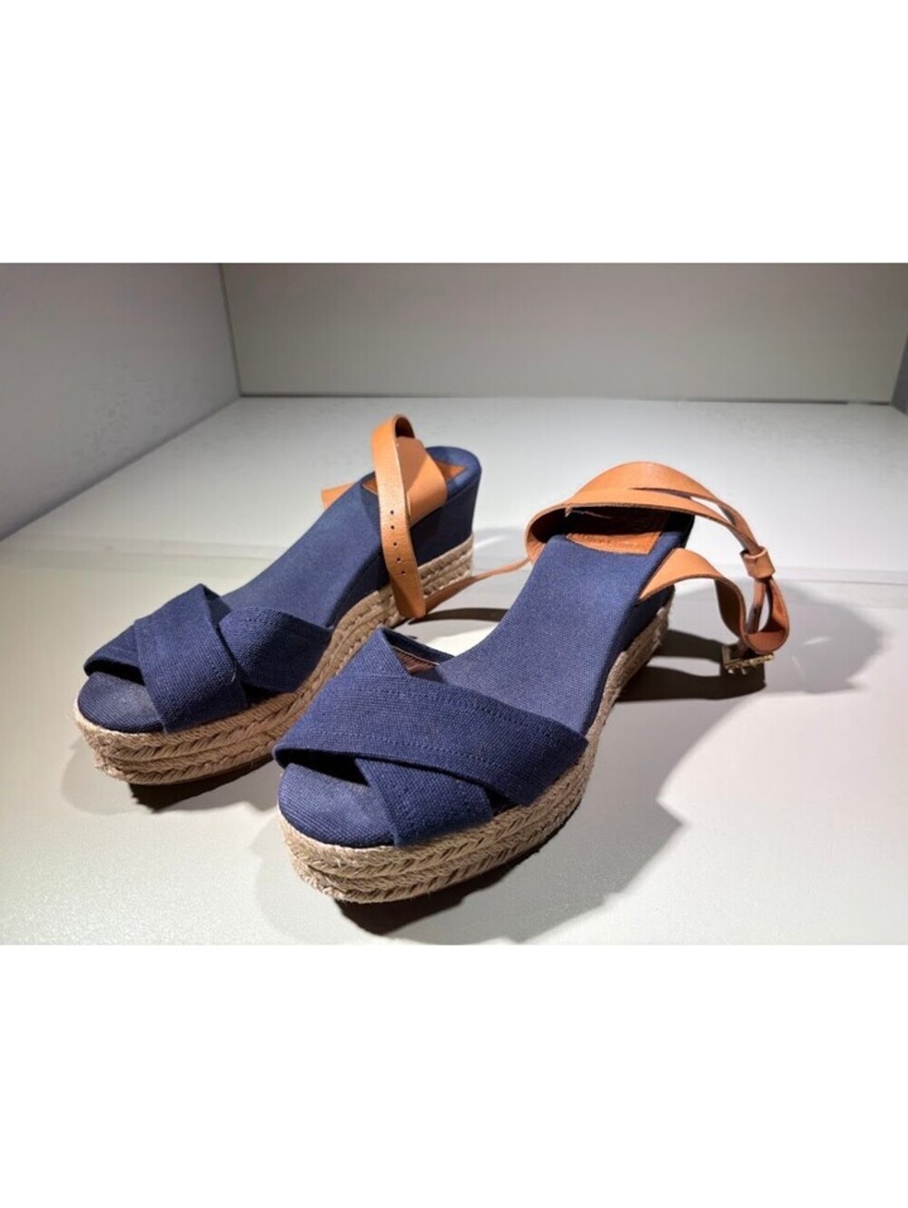 Tory Burch Navy Canvas Espadrille Wedge Sandals - Picture 2 of 9